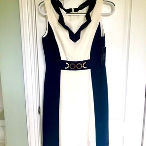 Tahari Navy and White Sleeveless V-Neck Dress. Size 8. NWT